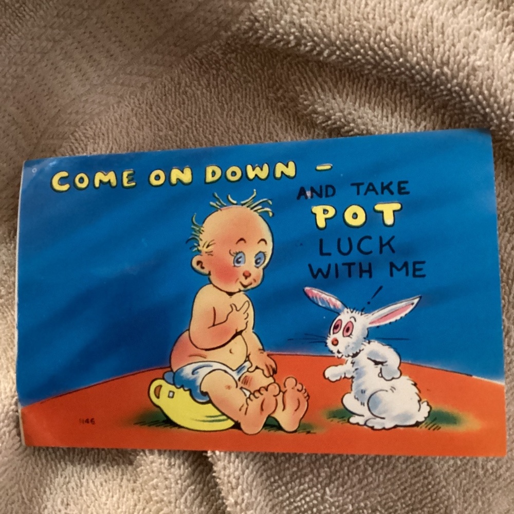 Vintage COME ON DOWN AND TAKE POT LUCK WITH ME Postcard 1957